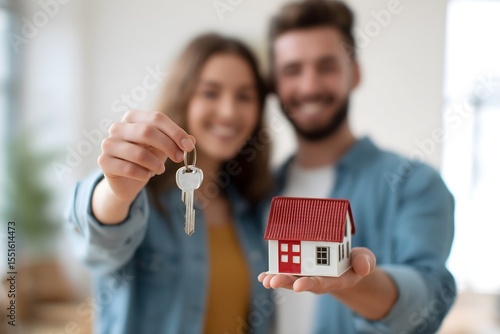 first time home buyer couple holding key and house model, new homeowners celebrating milestone moment