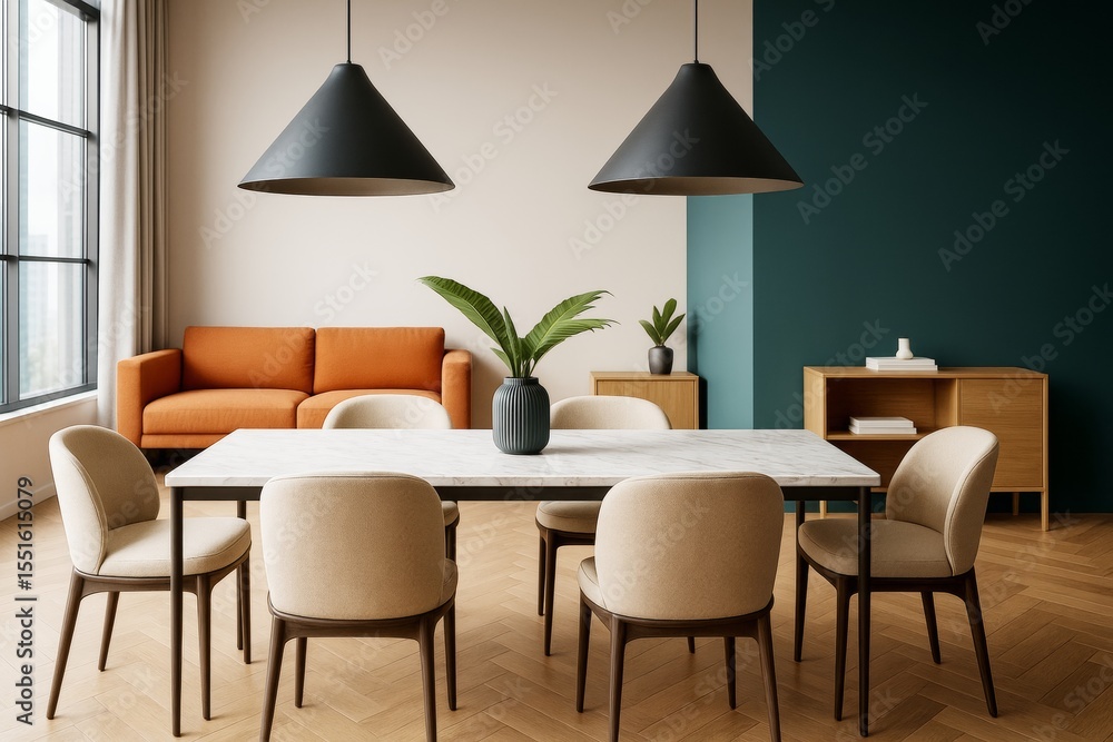 Fototapeta premium Modern dining room with minimalist furniture and elegant decor in cozy apartment interior with orange sofa and green accent wall background.