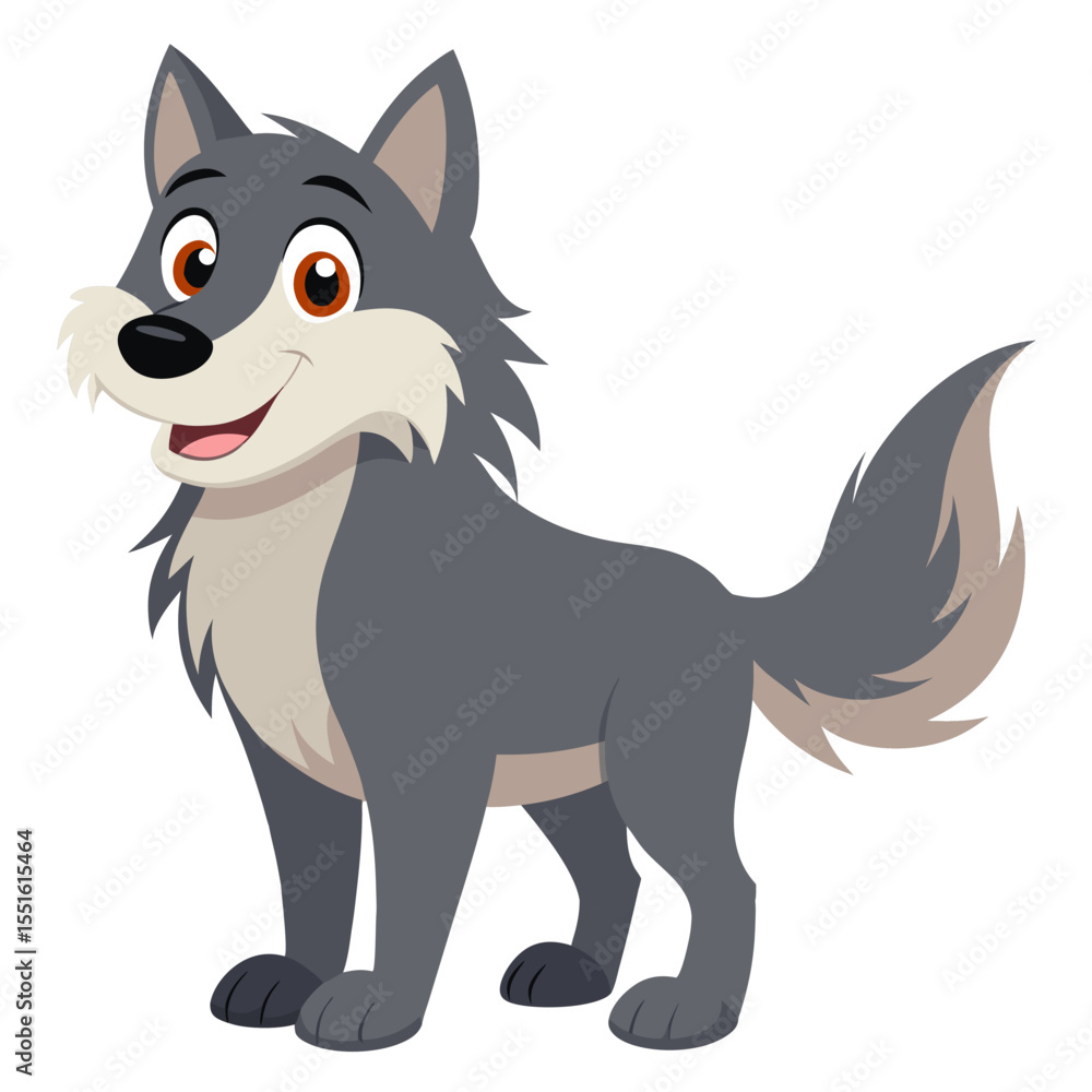 Obraz premium Cartoon cute wolf smiling. Friendly forest predator standing. Suitable for children's books, sticker, mascot, logo. Isolated vector illustration on white background
