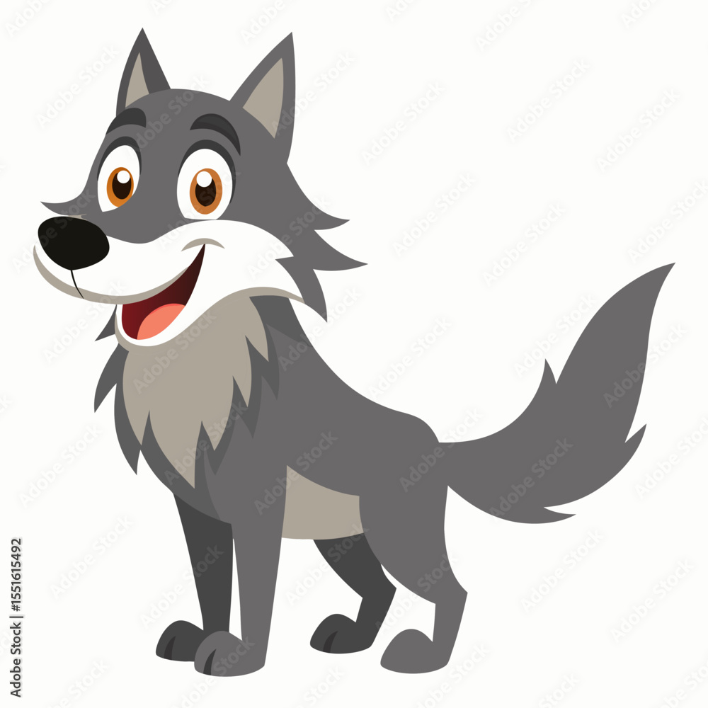 Obraz premium Cartoon funny wolf smiling. Friendly forest predator standing. Suitable for children's books, sticker, mascot, fairy tales,logo. Isolated vector illustration on white background