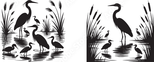 Heron Bird Silhouette Set in Wetland Scene with Reeds and Water Reflection