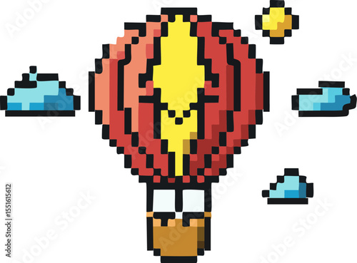 Montgolfière joyeuse en pixel art avec motifs stylisés