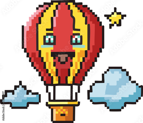 Montgolfière en pixel art avec visage souriant stylisé