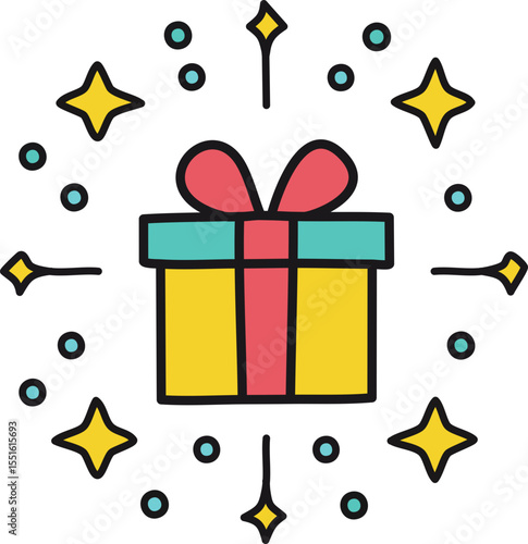 Boîte cadeau joyeuse avec ruban et étoiles brillantes