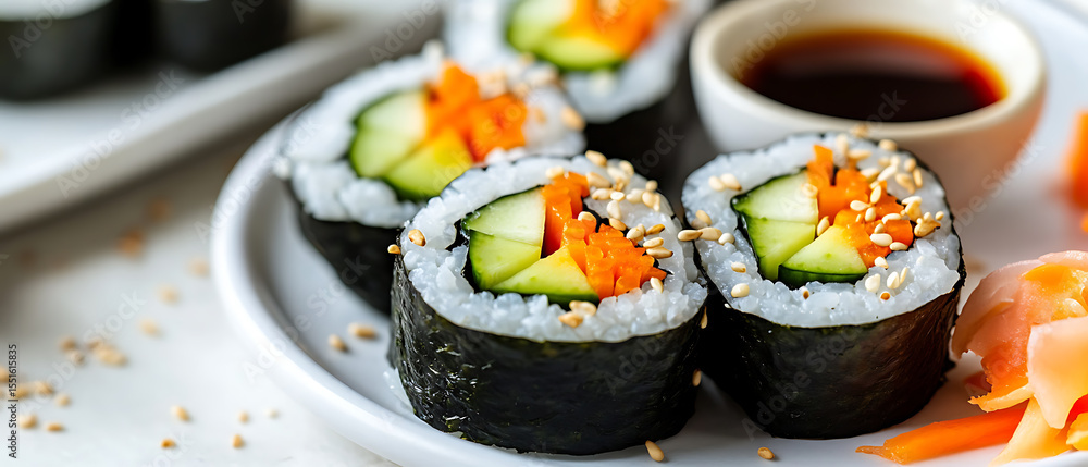 Fresh Sushi Rolls with Cucumber, Carrot, and Sesame Seeds Served with Soy Sauce Fresh Sushi Rolls with Cucumber, Carrot, and Sesame Seeds Served with Soy Sauce