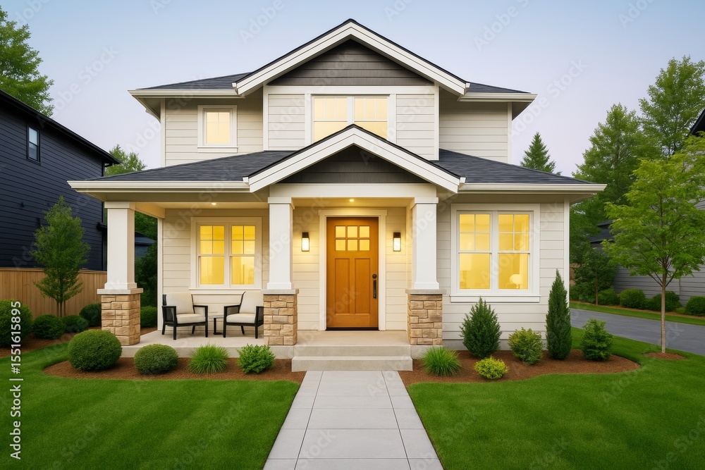 Modern suburban house exterior with front porch, warm lighting, and landscaped yard in contemporary neighborhood during early evening light. Modern suburban house exterior with front porch, warm lighting, and landscaped yard in contemporary neighborhood during early evening light.