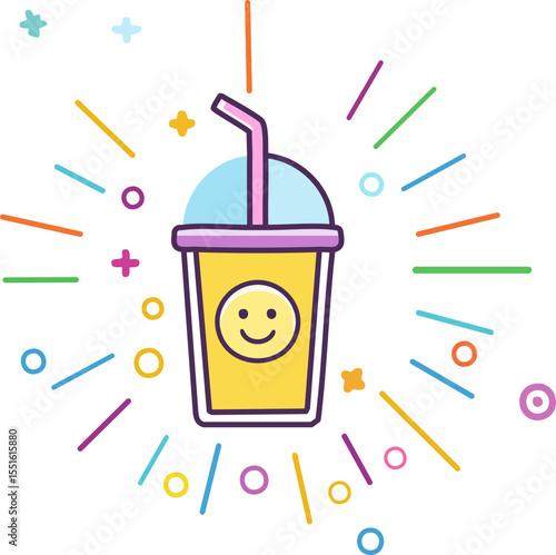 Boisson fruitée avec expression happy, dessin coloré
