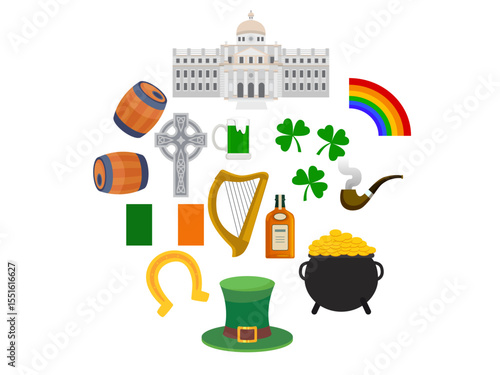 travel to ireland culture landmarks food and st patrick day infographic banner irish holiday elements flag, cliffs of moher landscape whiskey beer cartoon illustration