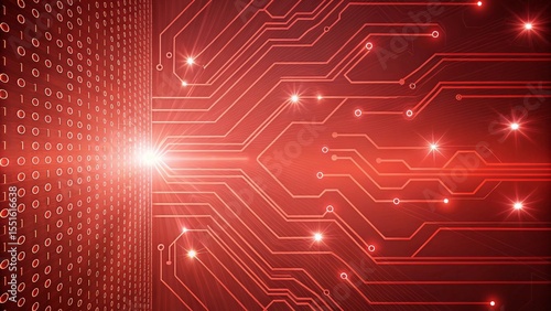 Digital data flow through glowing red circuit board with binary code