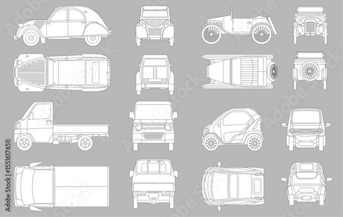 Compact Vehicle elevation and top view vector flat original illustration collection ideal for architectural design	