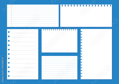 Blank paper note template, notebook sheet, line notepad pages, graph notepad page vector illustration.