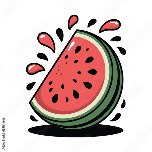  Cute watermelon slices vector with splash on isolated black and white background