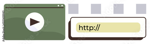 Video player window with play button, URL search bar, and progress bar blocks. Ideal for streaming, entertainment, media, internet, video tutorials web design content creation. Simple flat metaphor