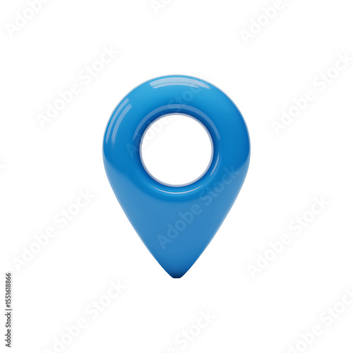 Blue glossy 3d location pin icon for navigation and mapping applications on black background