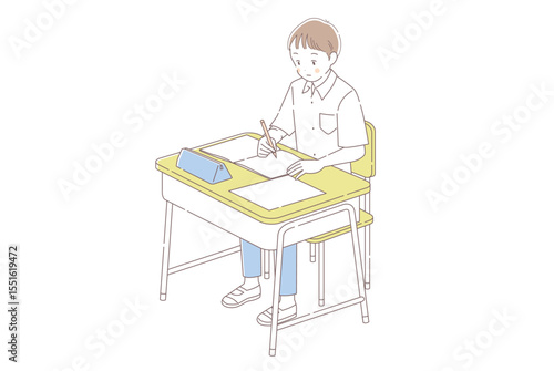 学校の机に向かう男子生徒のシンプルなイラスト