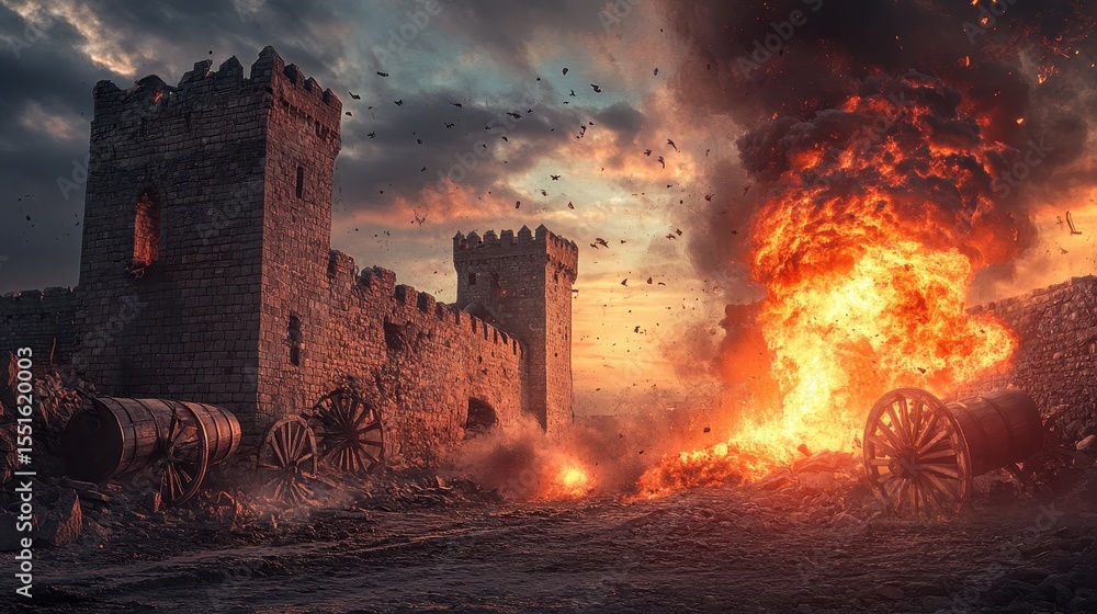 Naklejka premium A stone castle is under attack with huge flames and a dark, stormy sky. Use it to illustrate intense battle scenes or historical fiction concept.