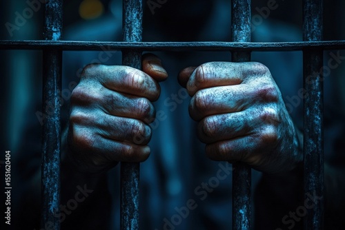 Hands tightly gripping rusty jail bars, symbolizing imprisonment and confinement in a dark, somber setting.