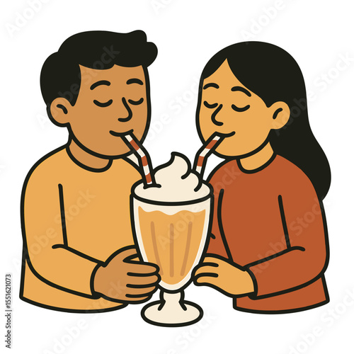 Friends sharing a giant milkshake with two straws, cartoon style, on a white background.