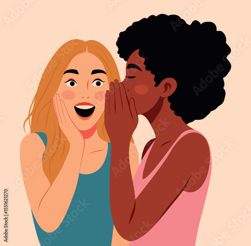 Vector illustration, two female friends sharing a secret, gossip. One whispers, the other is surprised and smiles. Friendship day, trust, emotions. Women's day. For women's projects