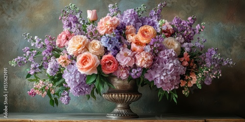 Beautiful floral arrangement with assorted blooms in elegant vase on wooden surface indoors