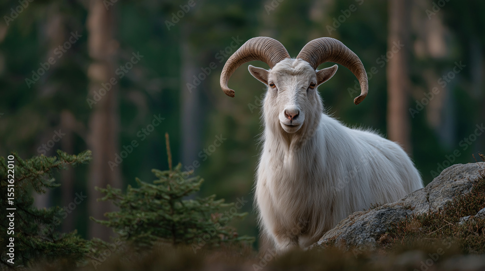 Obraz premium Majestic white goat with curled horns in forest setting