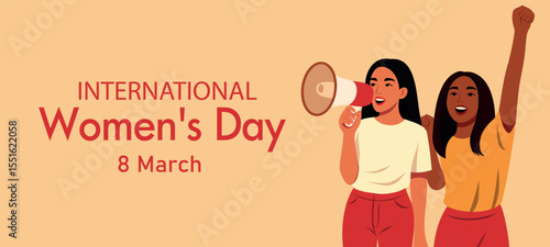 Vector banner, two young women with megaphone at demonstration. One speaks, the other raises fist in solidarity. Women's day. Women protest. Feminism. Gender equality and women empowerment