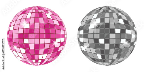 Vector illustration of two disco balls in pink and silver colors. Shiny mirrored spheres for party, dance, nightclub or retro-themed designs.