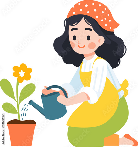 A woman gardening by watering a potted flower while wearing a headscarf and apron isolated on transparent background. Vector illustration.