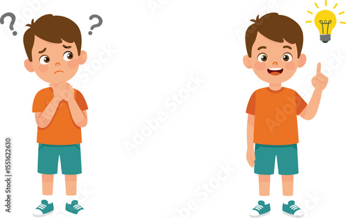 Cartoon boy with confused and thinking expression, question marks and idea light bulb, emotional character illustration, child learning concept, educational vector design