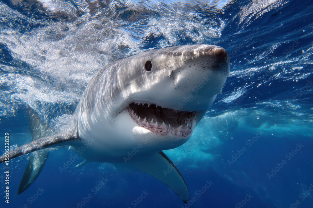 Naklejka premium Great white shark swimming gracefully in clear blue ocean waters near a coral reef