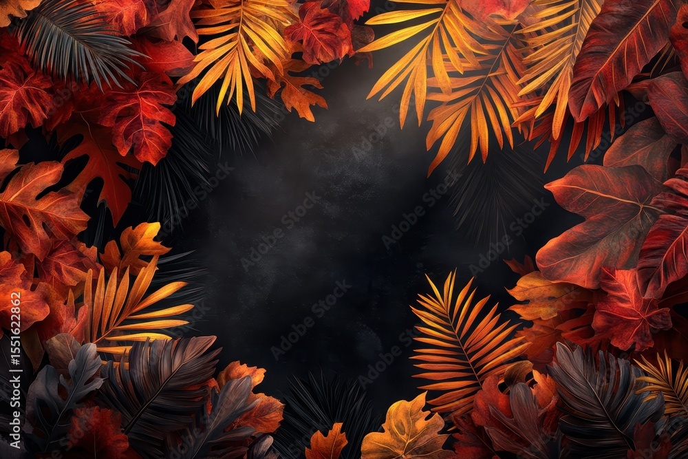 Dramatic autumn leaves frame black space for text or a product. Great for seasonal graphic design, presentations, cards, and marketing. Dramatic autumn leaves frame black space for text or a product. Great for seasonal graphic design, presentations, cards, and marketing.
