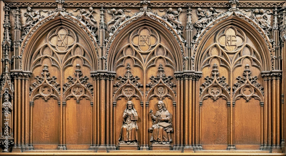 Obraz premium Historic Gothic Wood Art Showcasing Cathedral Arches and Religious Motifs