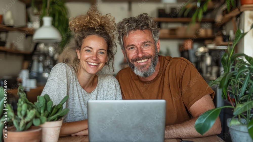 Fototapeta premium This joyful image features a couple smiling and engaging with each other over a laptop at a cozy cafe, capturing warmth, connection, and the enjoyment of shared moments.