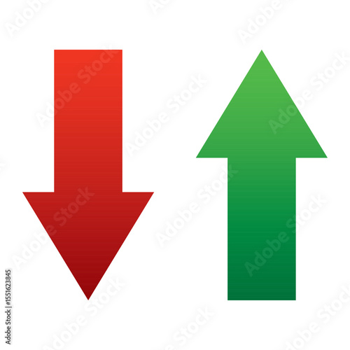 Up and Down sign with green and red arrows vector illustration. Concept of sales bar chart symbol icon with arrow moving down and sales bar chart with arrow moving up.
