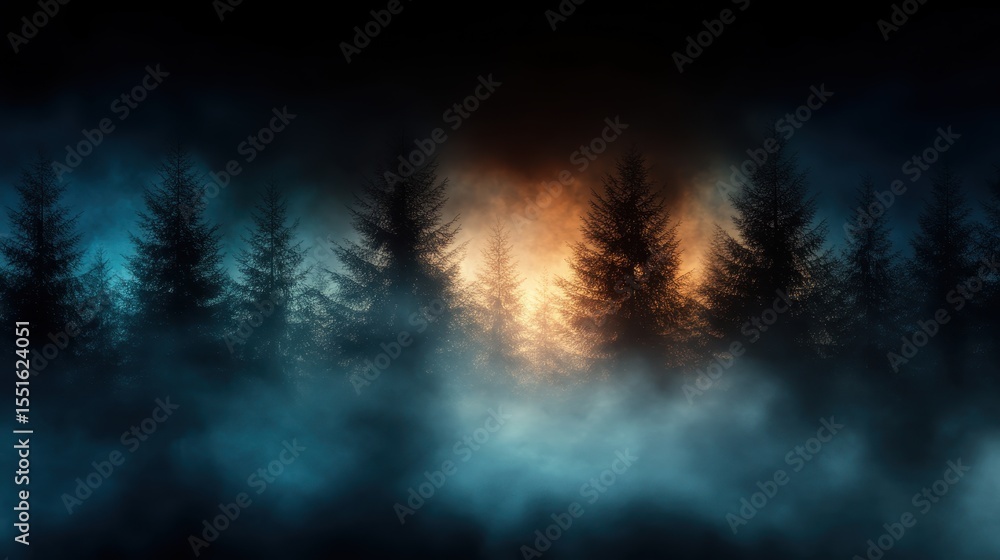 Fototapeta premium A captivating twilight scene of a forest enveloped in mystic fog, illuminated by warm hues of orange and cool shades of blue, creating an atmosphere of tranquility and wonder.
