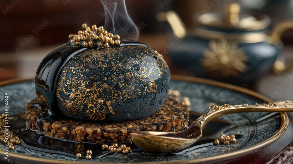 Fototapeta premium Black sesame gelato quenelle with gold crisp decor