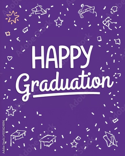 happy Graduation lettering in purple concept card cartoon illustration design  art invitation or card poster