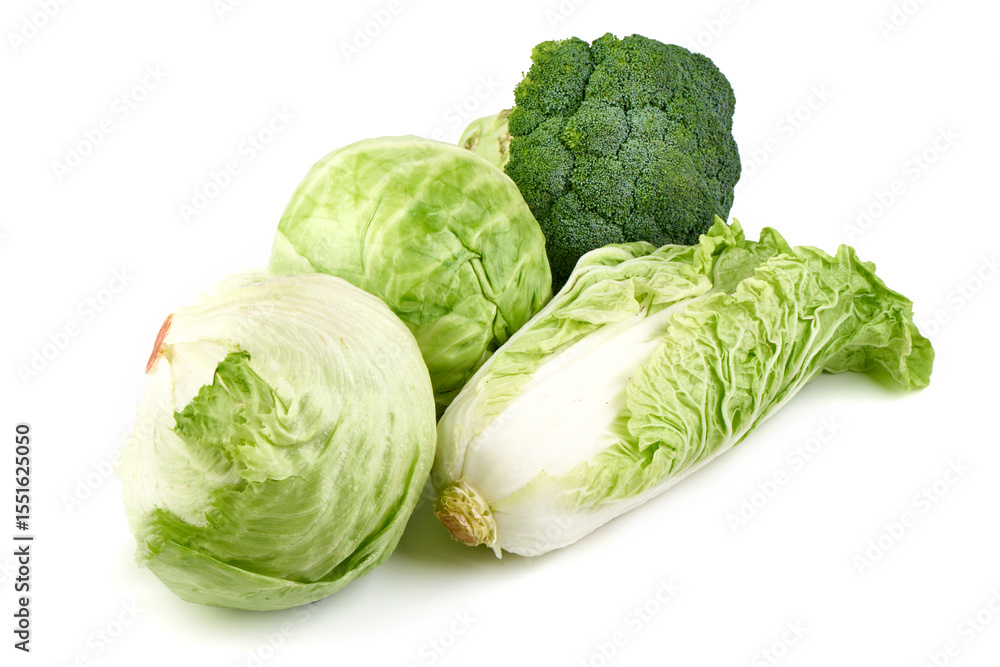 Fototapeta premium Broccoli Cabbage Napa Lettuce, isolated on white background
