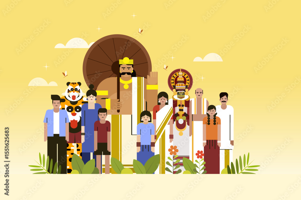Obraz premium Mythological king 'Mahabali' standing with a group of people. Concept of Onam festival in Kerala