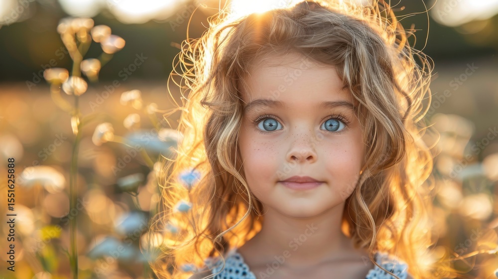 Fototapeta premium A heartwarming portrait of a young girl standing in a sunlit flower field, radiating innocence and joy, perfectly capturing the beauty of childhood and nature's splendor.
