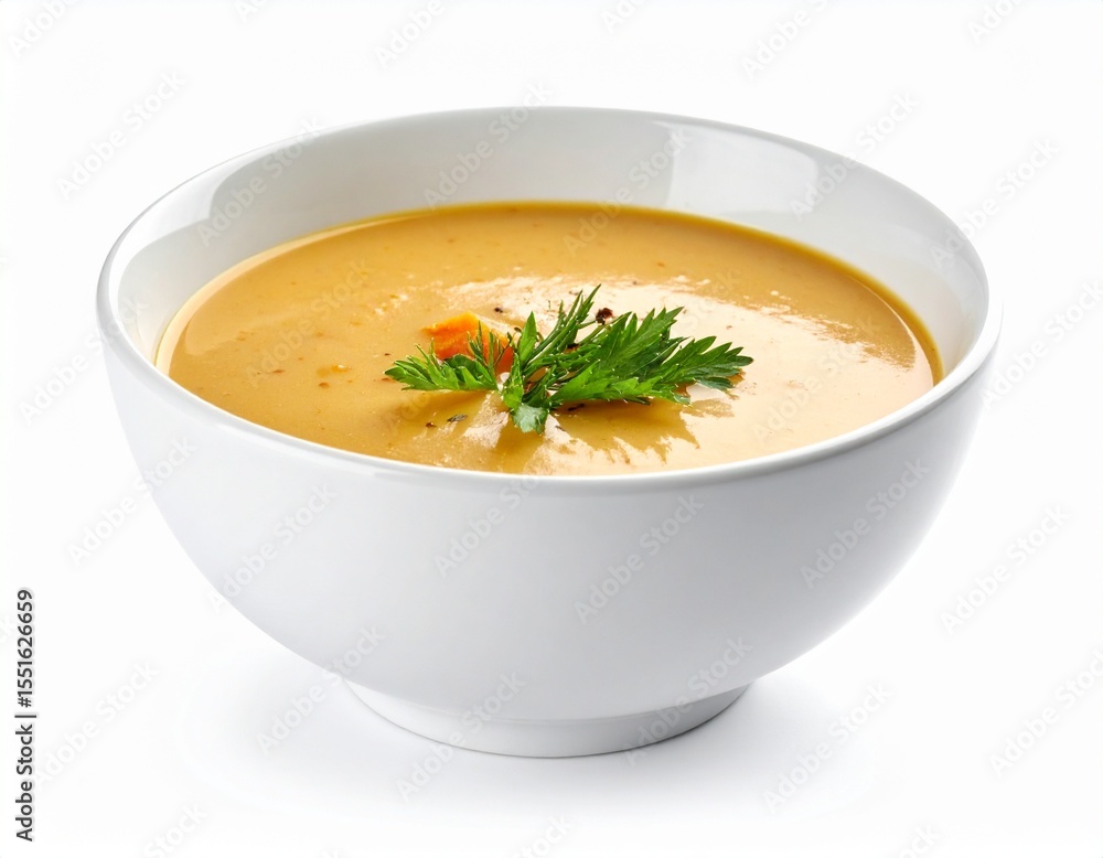 A creamy orange soup served in a white bowl, topped with a sprig of parsley and diced vegetables A creamy orange soup served in a white bowl, topped with a sprig of parsley and diced vegetables