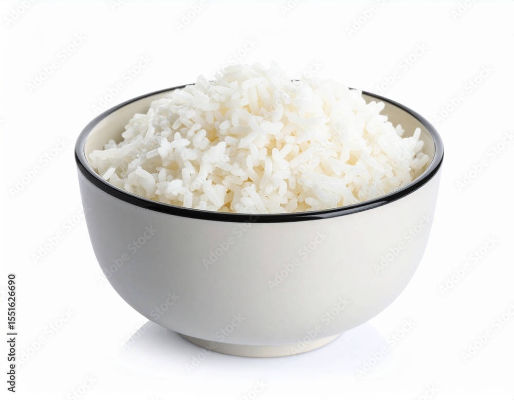 A neat white bowl filled with fluffy steamed white rice, presented against a pure white background A neat white bowl filled with fluffy steamed white rice, presented against a pure white background