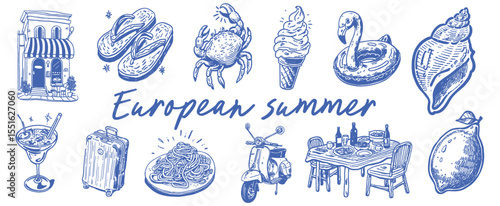 hand drawn doodle icons of european summer food and travel elements