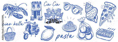 hand drawn doodle icons of european summer food and travel elements