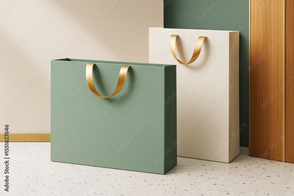 Elegant green and beige shopping bags with golden handles against modern interior background for branding and packaging mockup concept.
