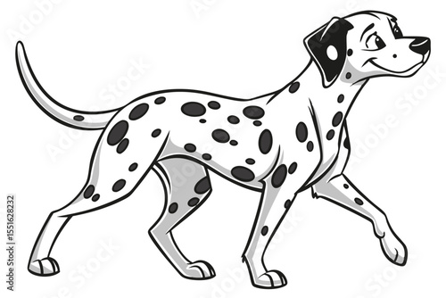Cartoon Dalmatian Dog with Black Spots Walking Elegantly Across the Frame Against a White Background Displaying Exuberance and Lightheartedness