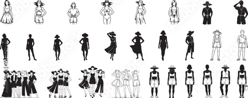 Diverse group of women in summer fashion line art and silhouettes