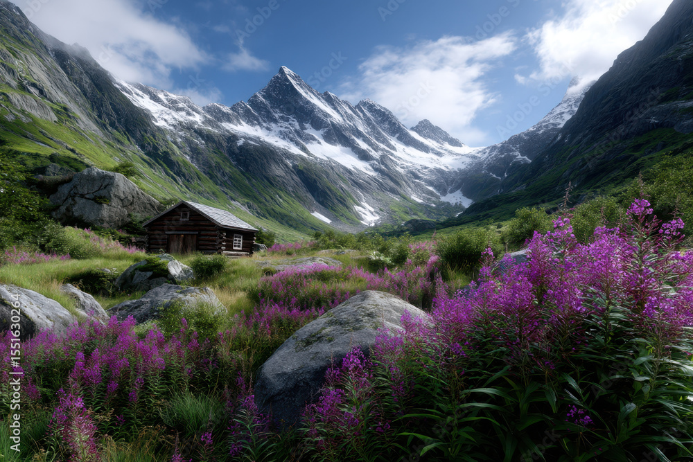Obraz premium Beautiful mountain valley with blooming flowers and a rustic cabin under a blue sky
