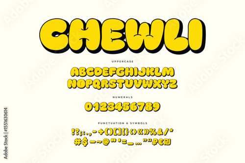 Chewli is a playful, extra-bold bubble display font with soft rounded shapes, perfect for attention-grabbing titles, logos and kids’ packaging