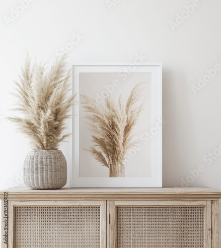 Beige Pampas Grass Print On Wooden Cabinet